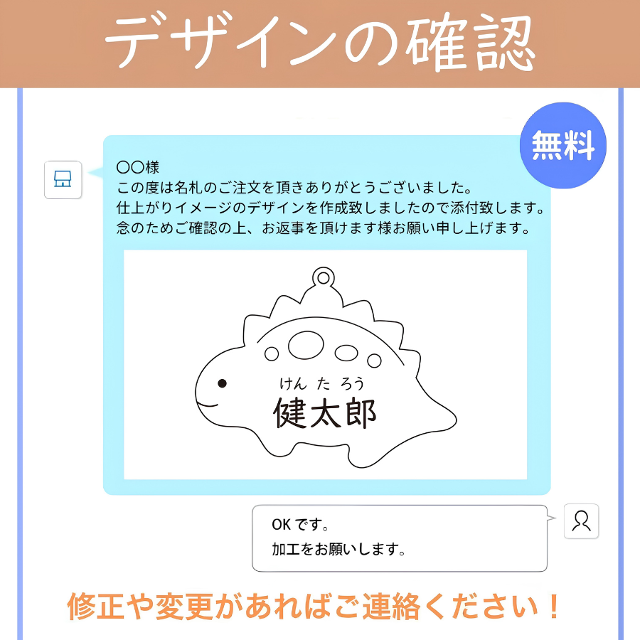 デザインの確認メールを送ります：修正や変更があればご連絡ください